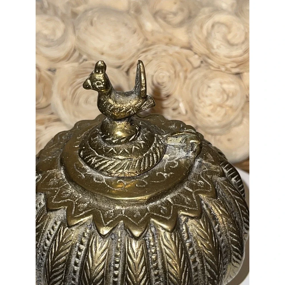 Antique Indian Cast Bronze Mughal‎ Footed Ink Well w/ Peacock Lid & Fluted Sides